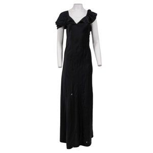 Saint Laurent Womens Maxi Dress Medium 38 Black Silk Ruffle Shoulder Side Split